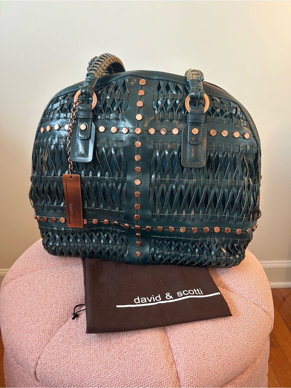 Vintage david & scotti Teal Basket  Weave Leather Stud Tote NWOT